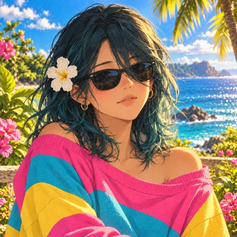 Eden Oceans: an illustrated woman wearing black sunglasses and a flower beside a tropical ocean