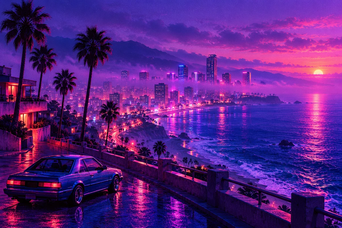 A hazy coastal city in blue and lavender light.