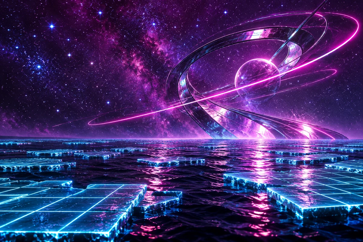 Neon grid fragments and a luminous sculpture beneath stars.