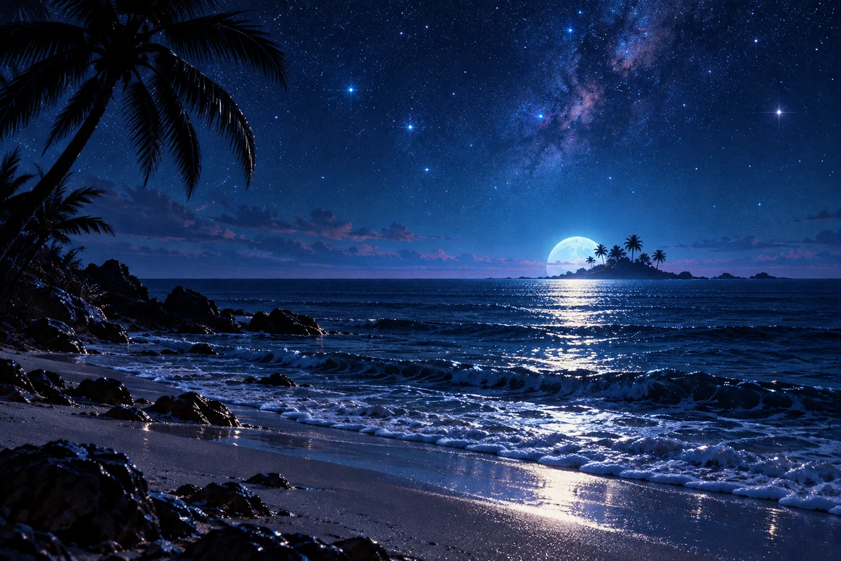 Blue horizon and starlight over dark water.