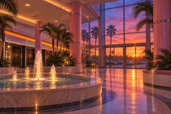 An empty pastel mall lobby and circular fountain at twilight.