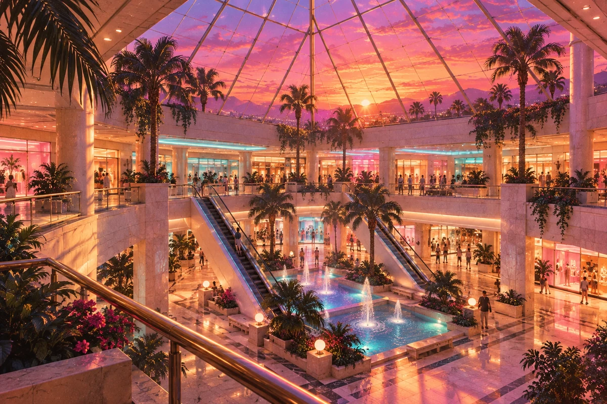 A luminous retro mall atrium with escalators and a glass roof.