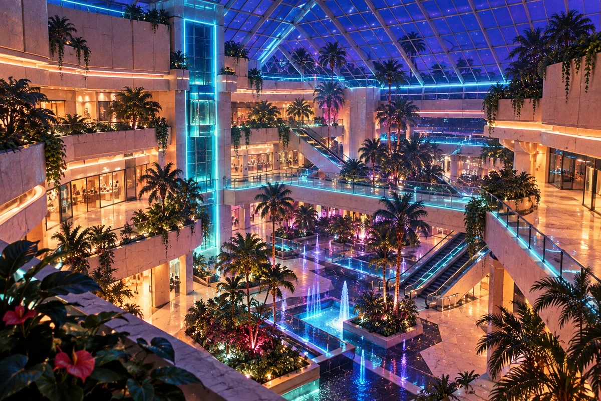 A sprawling mall with gardens and luminous architectural edges.