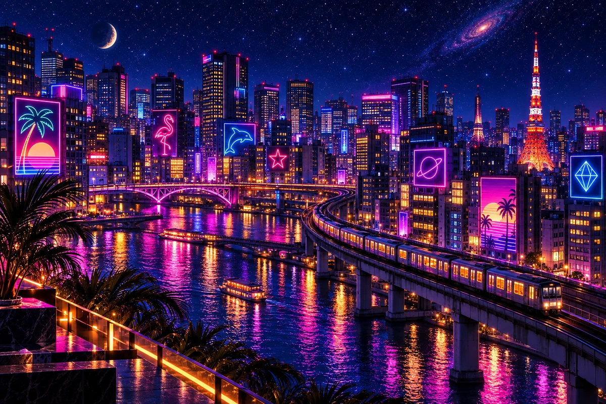 Tokyo Tower, an elevated train and neon city lights above a river at night.