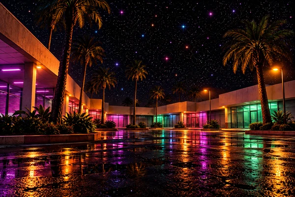 Closed plaza storefronts and palms reflect in wet pavement under stars.