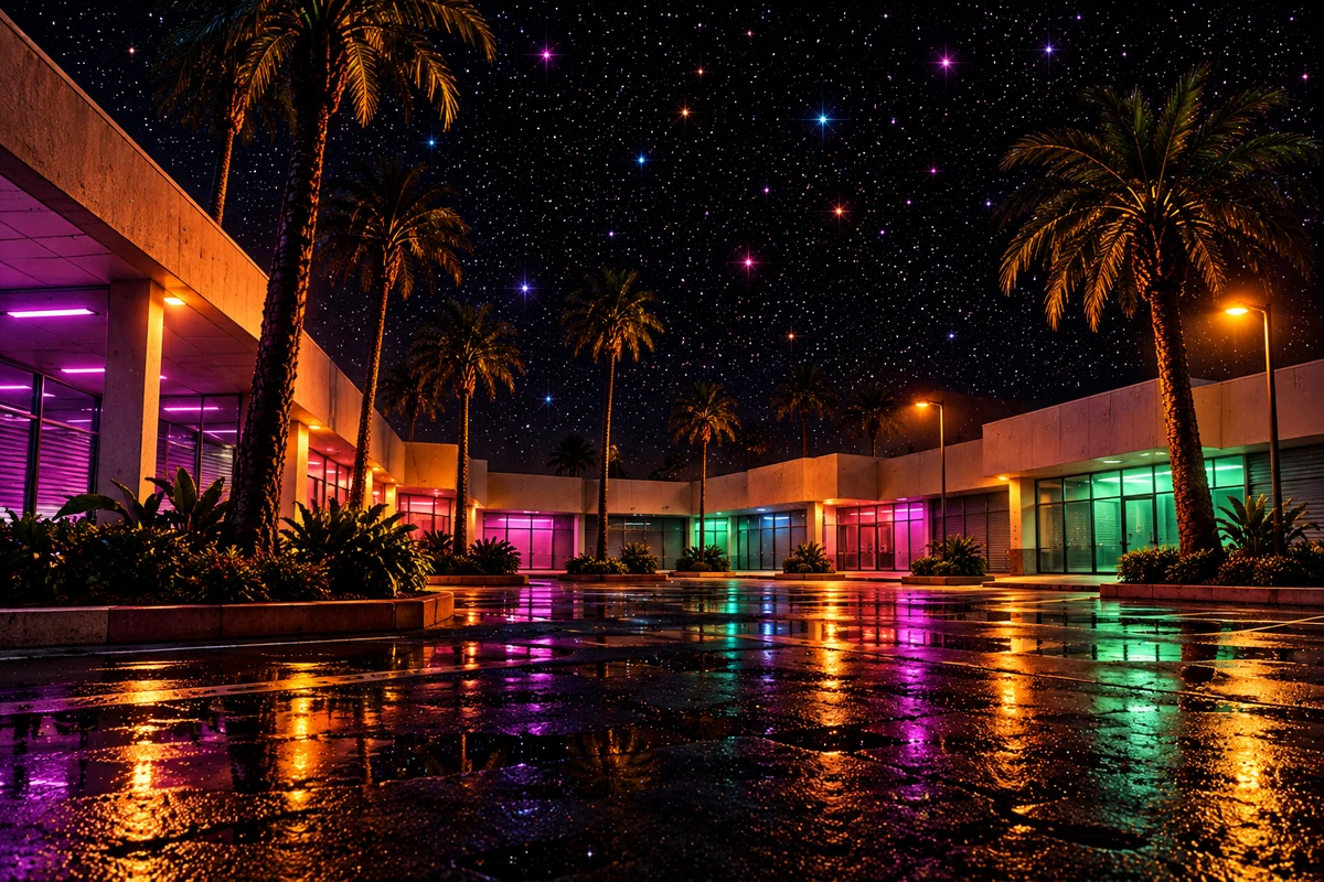 Closed plaza storefronts and palms reflect in wet pavement under stars.