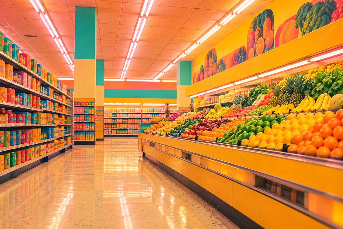Colorful produce and shelves under retro supermarket lights.