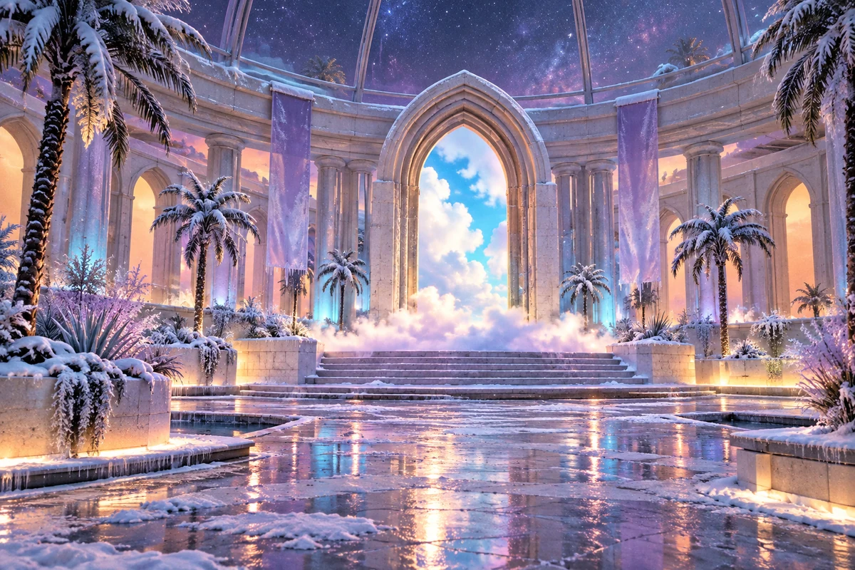 A winter plaza with a dreamlike cloud arch glows cyan, lavender and amber.