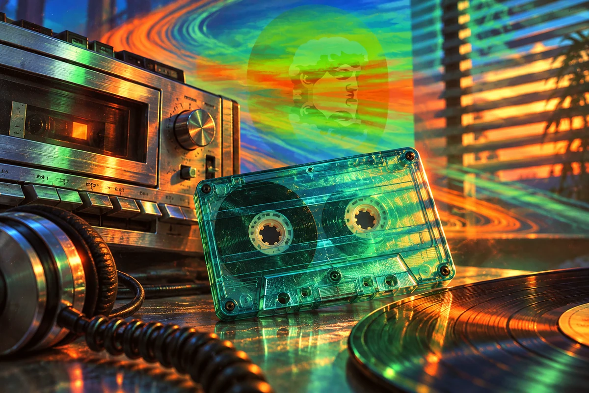 A cassette deck and headphones lit by vivid analog color.