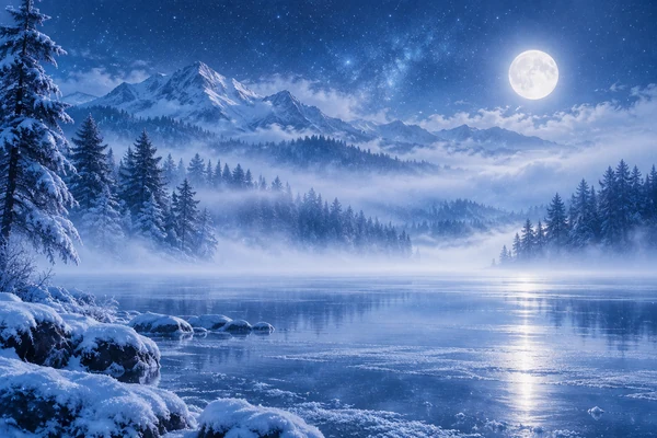 Snowy fir trees dissolve into mist over a still frozen lake.