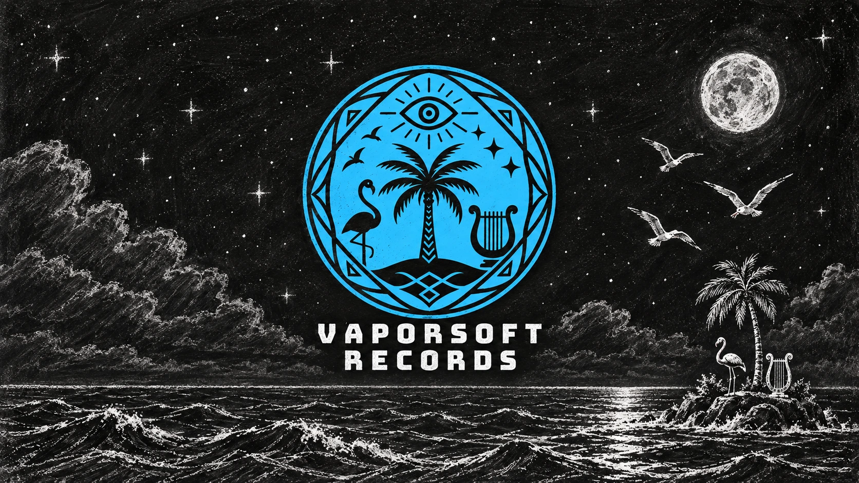 Vaporsoft Records blue logo beneath a chalk-drawn starry sky, full moon and palm-tree island